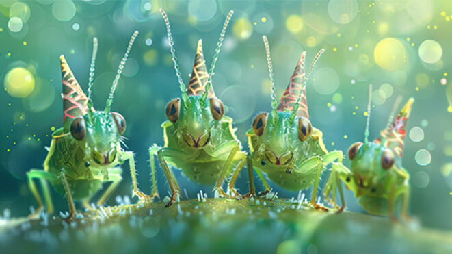 Illustration of aphids having a celebration or a leaf