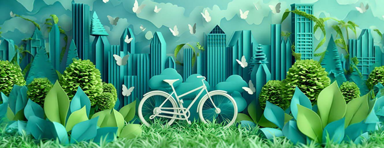 A white bicycle sits in front of a paper cityscape surrounded by green foliage and butterflies 