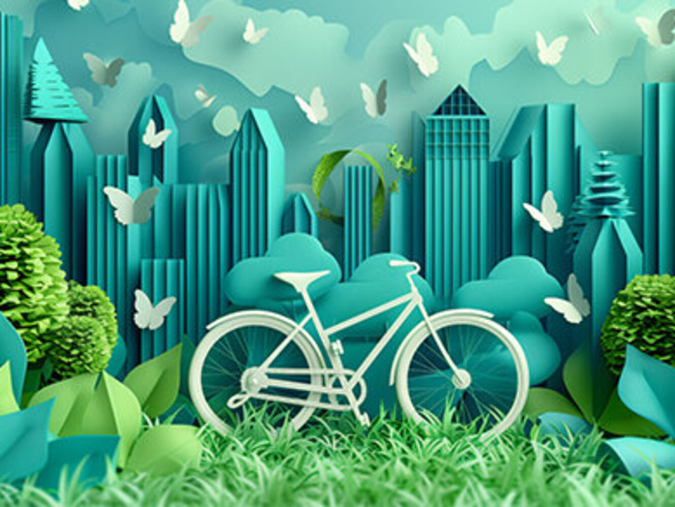 A white bicycle sits in front of a paper cityscape surrounded by green foliage and butterflies 