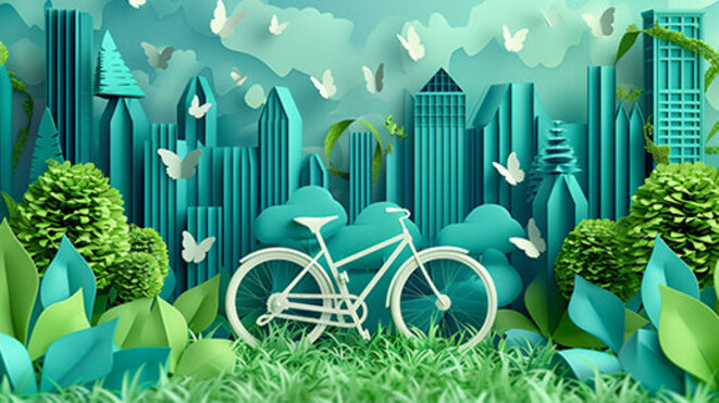 A white bicycle sits in front of a paper cityscape surrounded by green foliage and butterflies 
