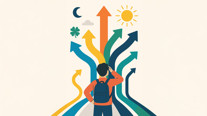 Illustration of a person with a backpack standing at the base of multiple, brightly colored upward-curving arrows, symbolizing different life paths or future directions.