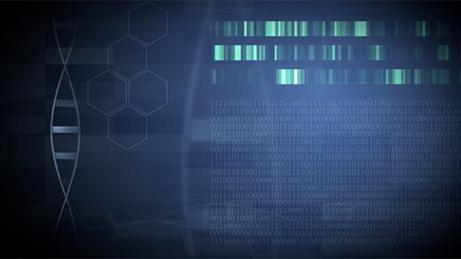 Blue Medical Technology Background with DNA-Strings, DNA-Codes and Binary Codes.