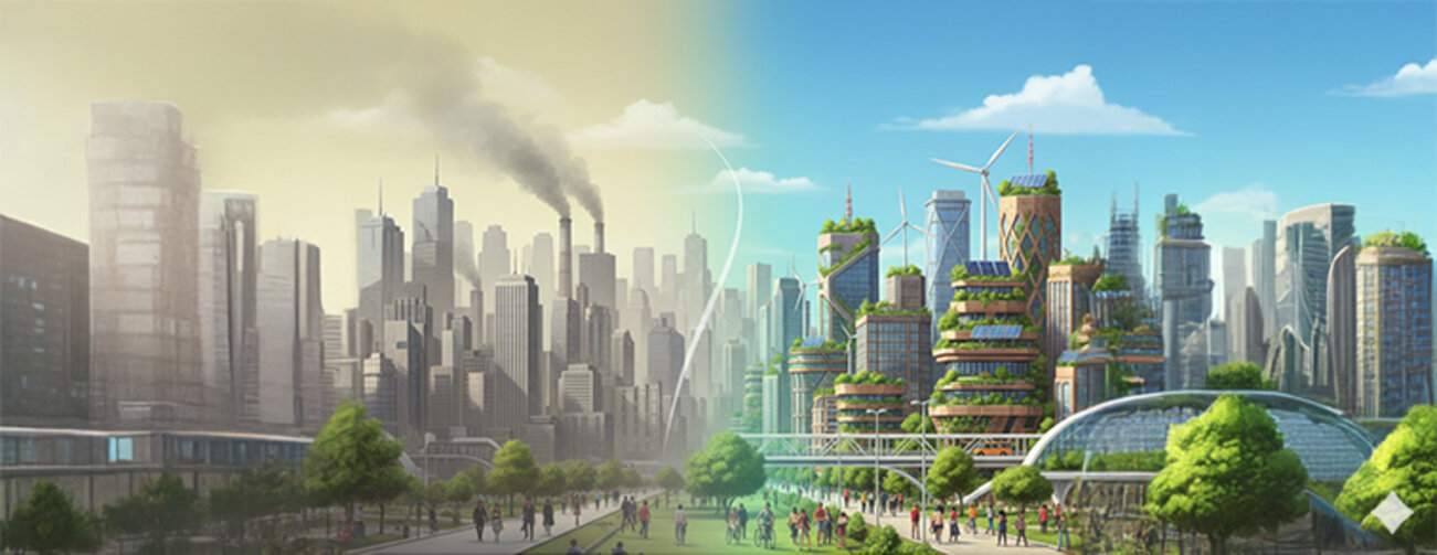 Urban Metamorphosis concept: a city skyline subtly transitioning from environmental strain to a vibrant, sustainable, and inclusive urban landscape.