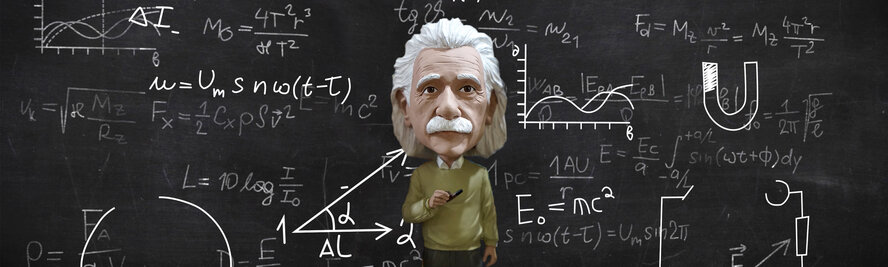 Albert Einstein Figurine in front of a Blackboard with physical formulas.