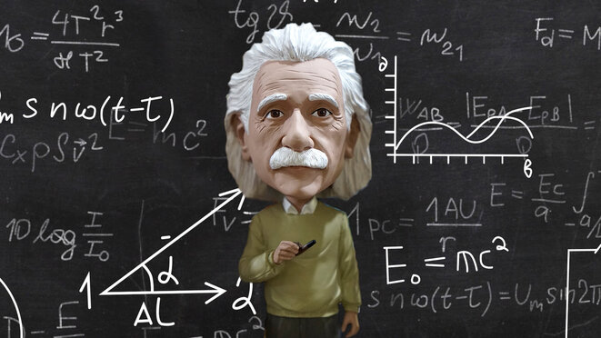 Albert Einstein Figurine in front of a Blackboard with physical formulas.