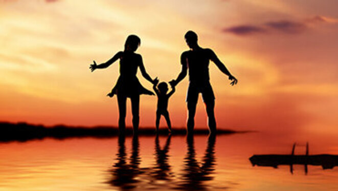 Silhouette of a happy family walking together hand in hand at sunset and of a couple on the beach at sunset - ai generated art