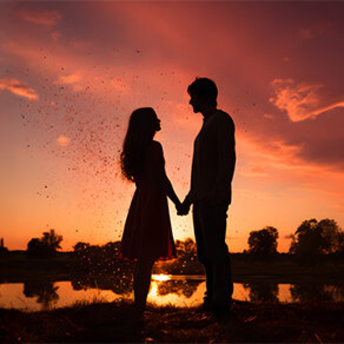 Silhouette of a happy family walking together hand in hand at sunset and of a couple on the beach at sunset - ai generated art