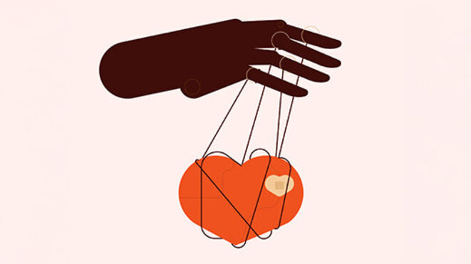 Hand controlling a heart like a puppet via strings representing emotional manipulation