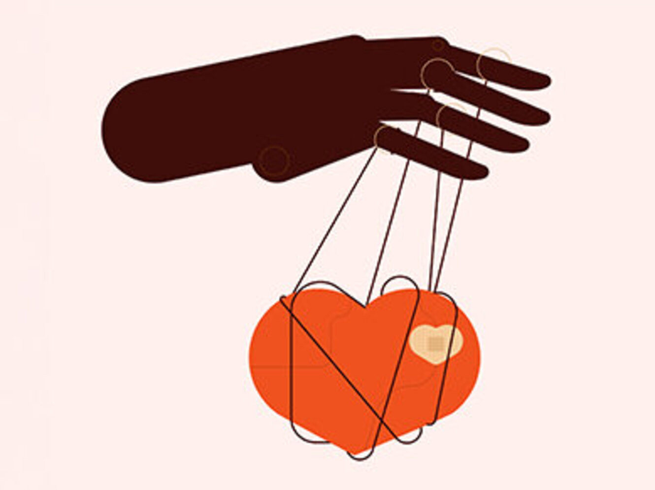 Hand controlling a heart like a puppet via strings representing emotional manipulation