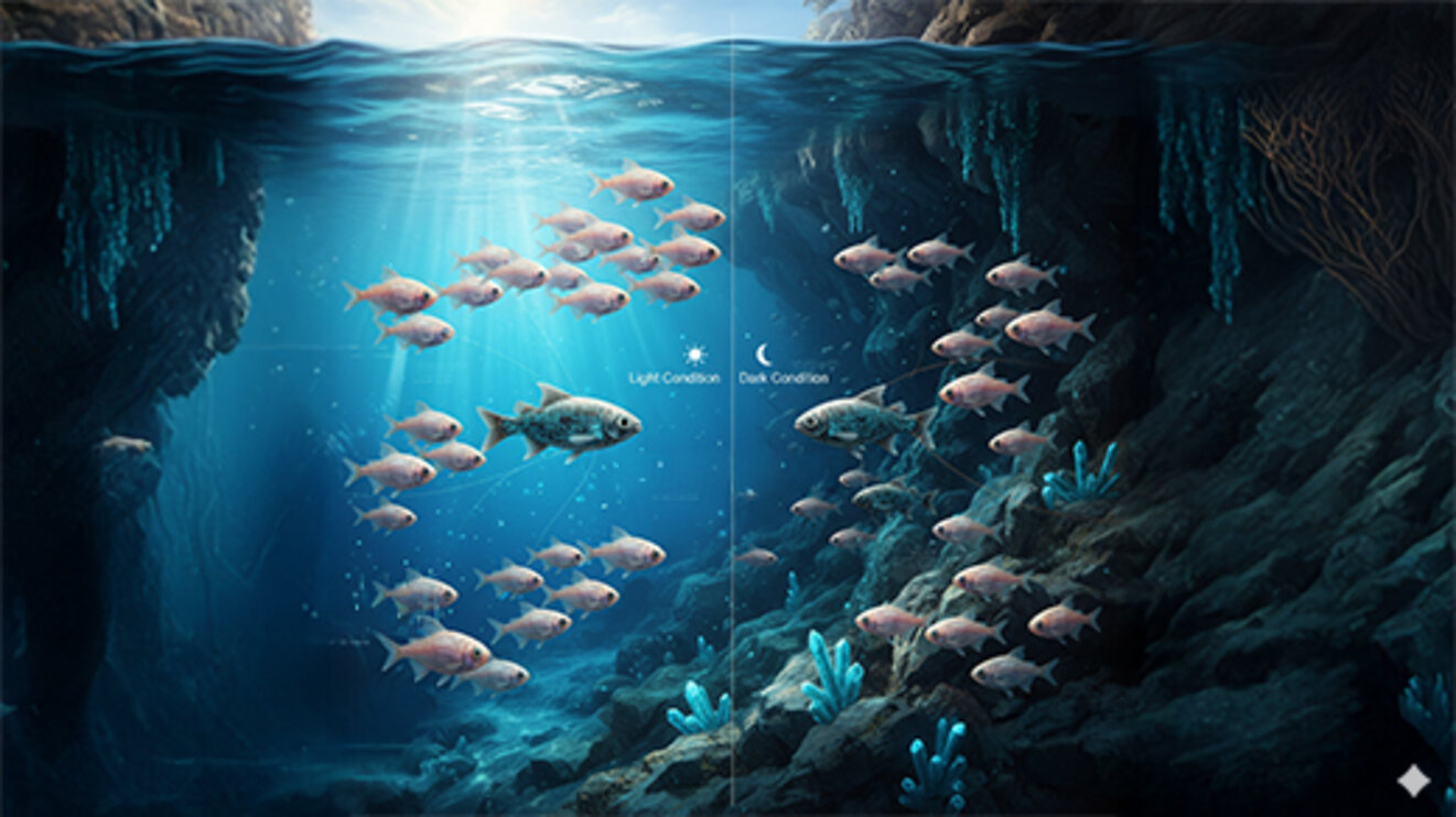 Illustration of surface mollies (top, light-adapted) and cave mollies (bottom, dark-adapted). Into each group a RoboFish as introduced