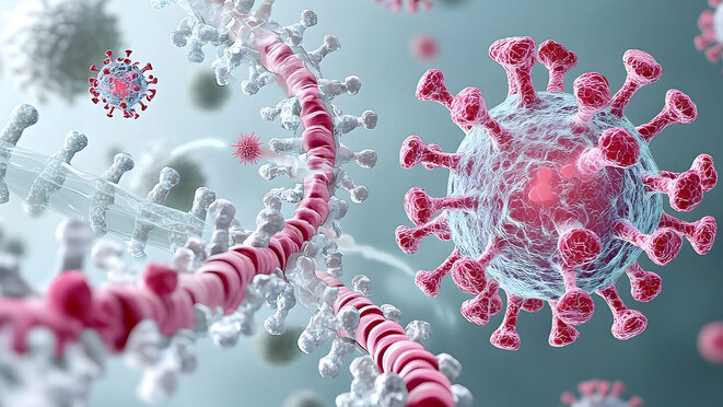 Cross Sectional Graphic of the Respiratory System Showing the Infection and Spread of Group A Streptococcus Bacteria in the Throat Area