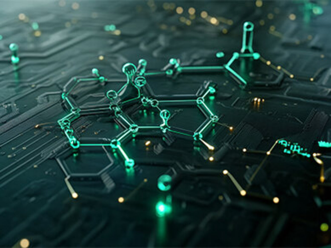 Intricate Molecular Structure on a Dark Circuit Board