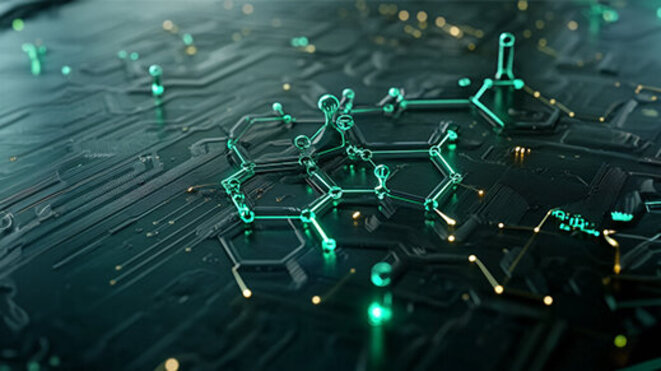 Intricate Molecular Structure on a Dark Circuit Board