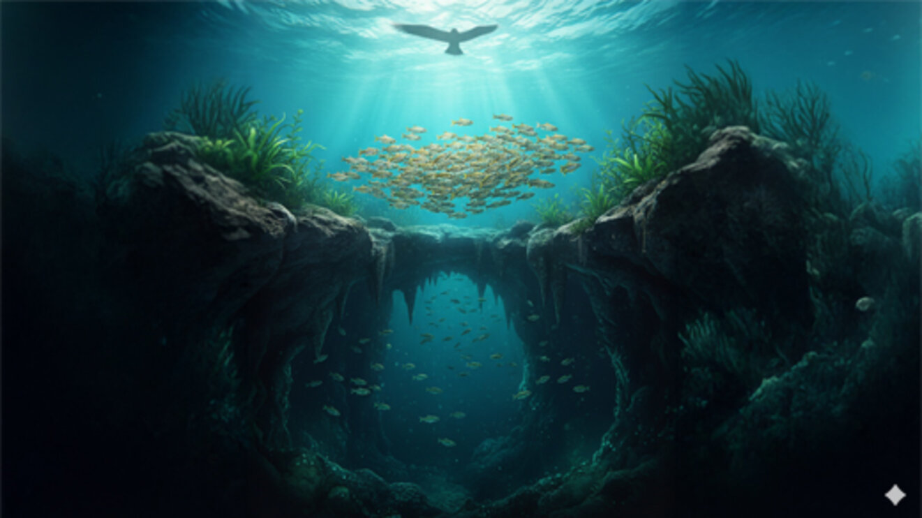 AI-generated side-view illustration depicting Atlantic mollies adapting their social behavior across two distinct environments: a bright, open surface habitat (high predation) and a dark cave habitat (low predation)