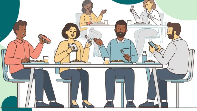 Cartoon of a Diverse Group Enjoying Lunch Together