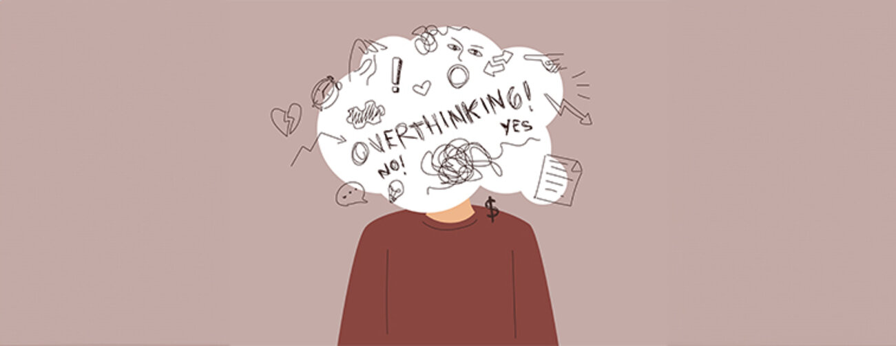 person with a cloud in front of its head with a lot of thoughts - overthinking