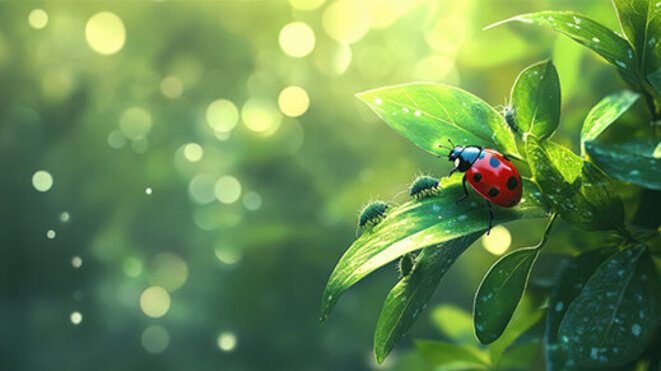 A ladybug on a green leaf preying on aphids, symbolizing natural pest control,