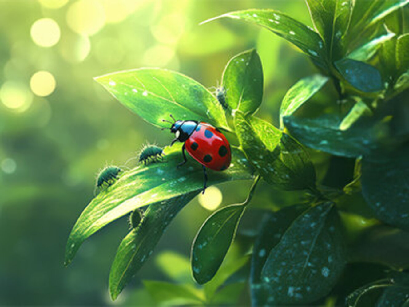 A ladybug on a green leaf preying on aphids, symbolizing natural pest control,