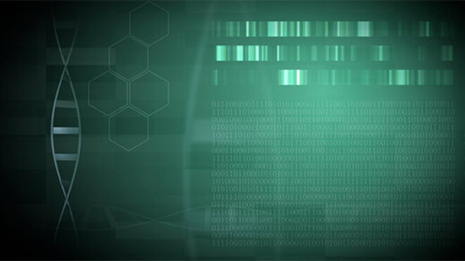 Green Medical Technology Background with DNA-Strings, DNA-Codes and Binary Codes.
