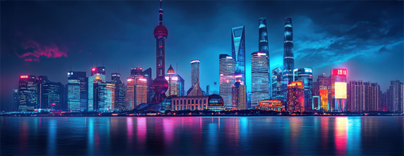 Vibrant night skyline of shanghai with iconic skyscrapers reflecting on huangpu river 