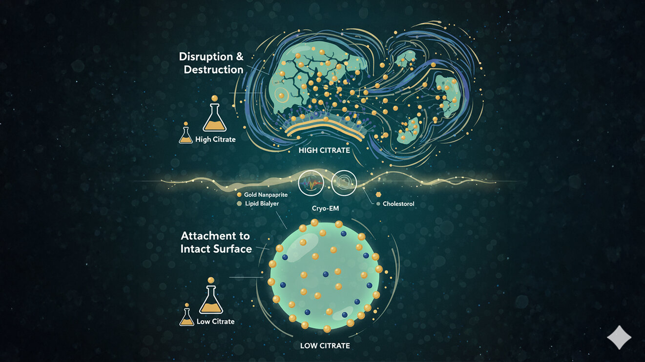 Illustration visually contrasts how gold nanoparticles interact with a liposome (a spherical lipid membrane) under two different chemical environments - high and low citrate levels