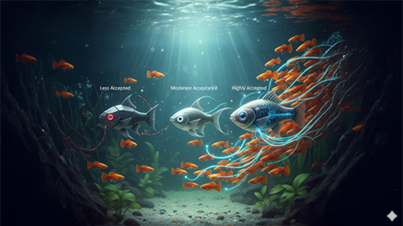 Illustration of guppies, which are more attracted to the RoboFish (with features like realistic eye dummies and natural movement), while largely ignoring the less realistic versions.