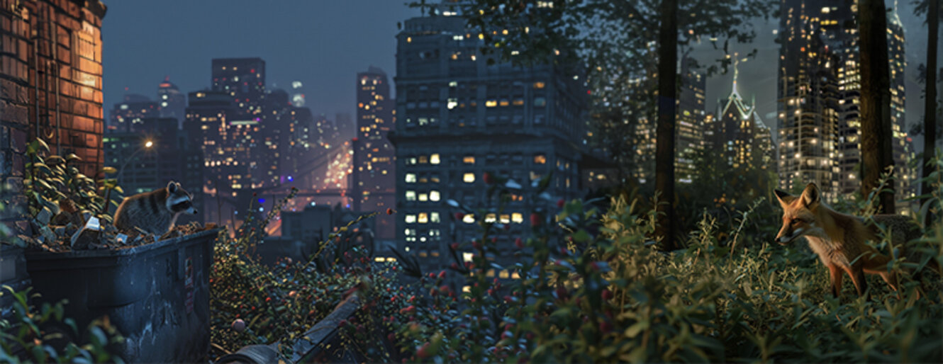 A raccoon on the left and a fox on the right positioned in an urban setting amidst plants, with city lights and skyscrapers in the background, depicting the blending of nature and urban life.