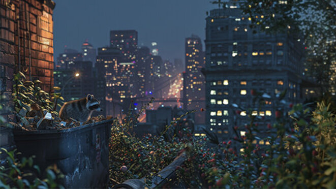 A raccoon on the left and a fox on the right positioned in an urban setting amidst plants, with city lights and skyscrapers in the background, depicting the blending of nature and urban life.