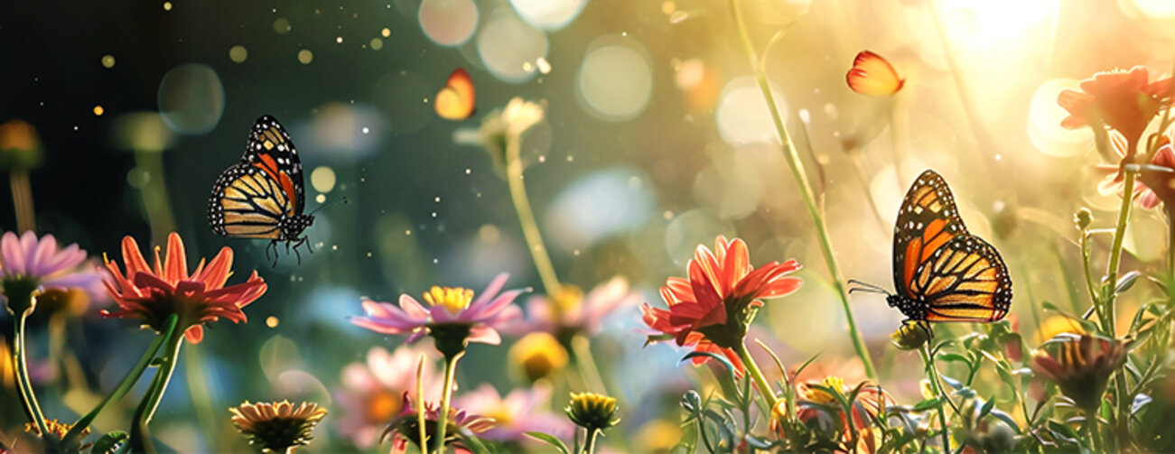 Morning meadow landscape with flowers and butterflies