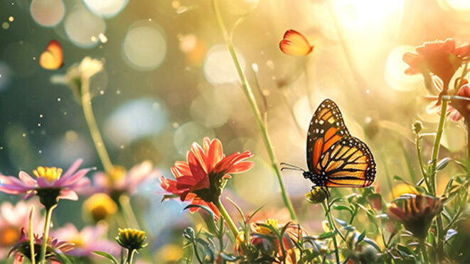 Morning meadow landscape with flowers and butterflies