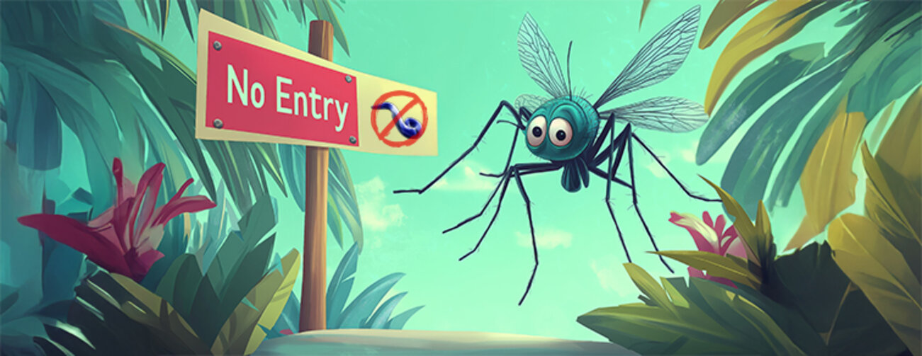 Humorous Cartoon Mosquito Facing "No Entry for Plasmodium" Sign in Tropical Jungle