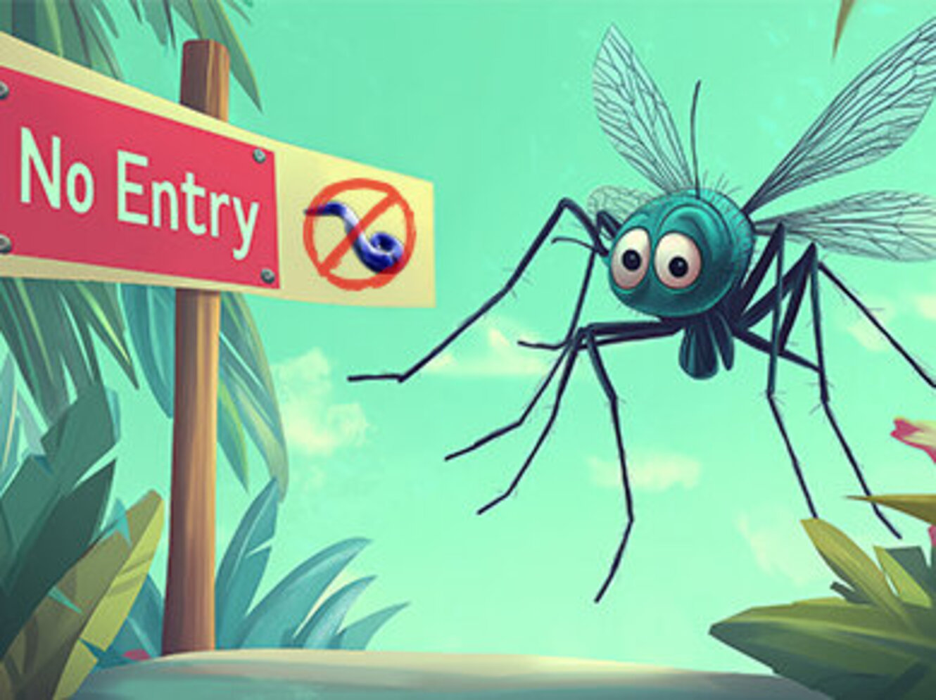 Humorous Cartoon Mosquito Facing "No Entry for Plasmodium" Sign in Tropical Jungle
