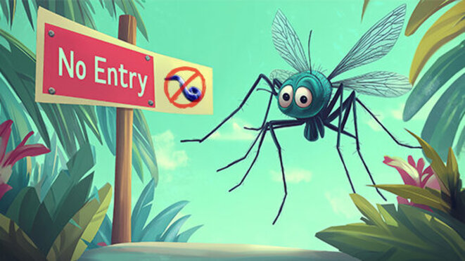 Humorous Cartoon Mosquito Facing "No Entry for Plasmodium" Sign in Tropical Jungle