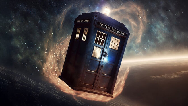 Science-fiction multidimension of Doctor Who, TARDIS spaceship, blue box, falling back-down through universe