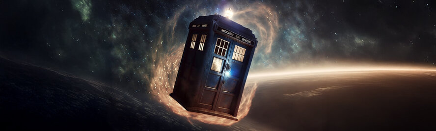 Science-fiction multidimension of Doctor Who, TARDIS spaceship, blue box, falling back-down through universe