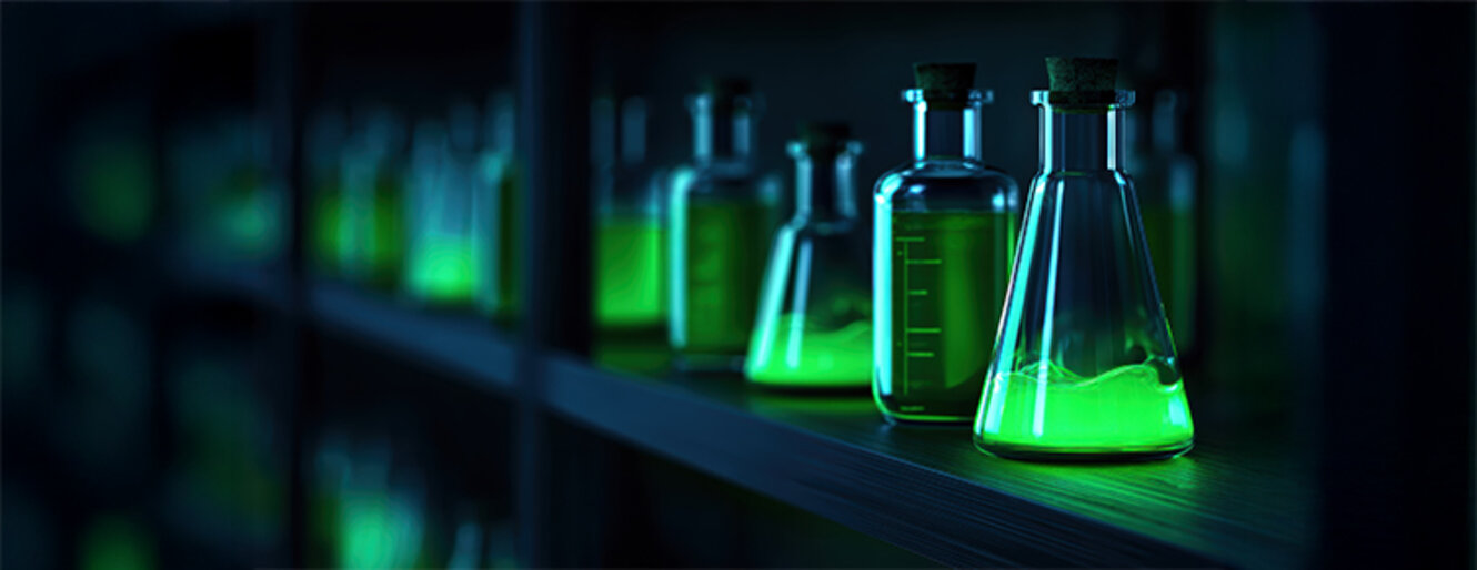 Glowing laboratory flasks filled with green liquid on dark shelves