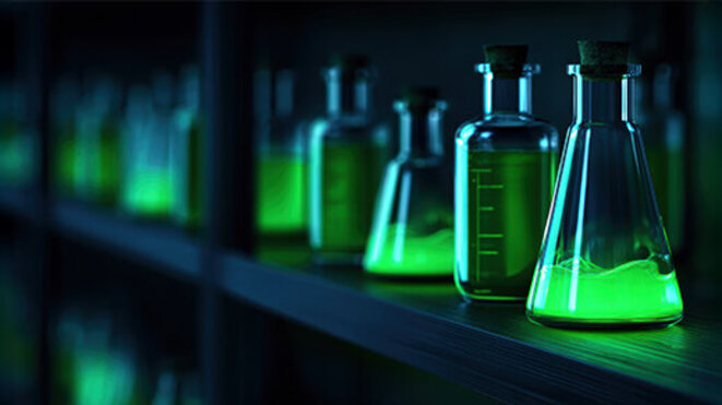 Glowing laboratory flasks filled with green liquid on dark shelves